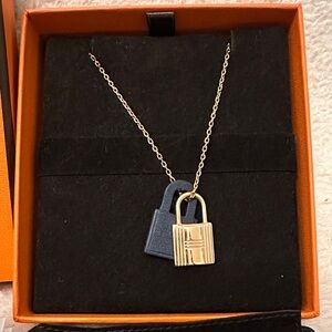 Hermes Rose Gold and Blue Accent Padlock Necklace